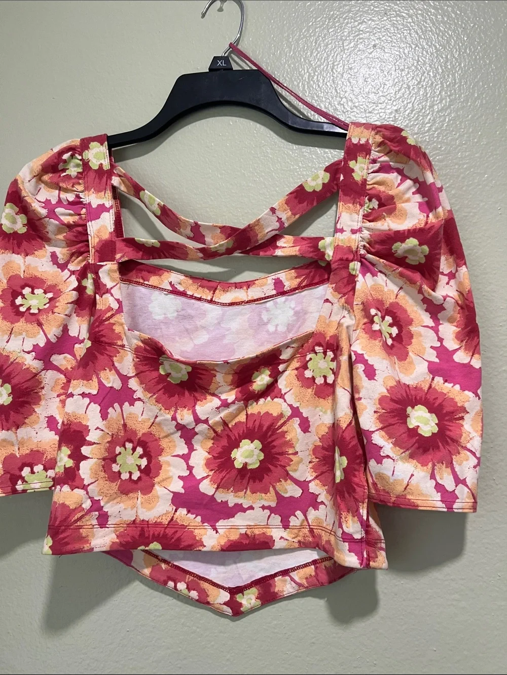 Free People Pink Floral Square-Neck Puff Sleeve Top